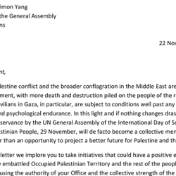 Cover photo - letter to UNGA President on Israel-Palestine (22 Nov 2024)